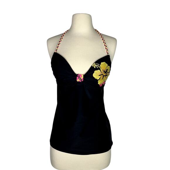 NEW Y2k hibiscus halter swim top Black M - Picture 1 of 6